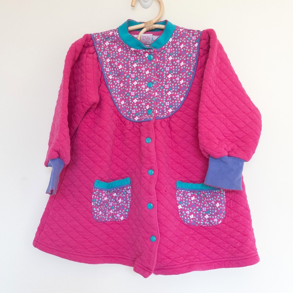 Vintage Gymboree 90s Quilted Jacket Pink Floral Snap Front Kids Girls Sz M 3-4